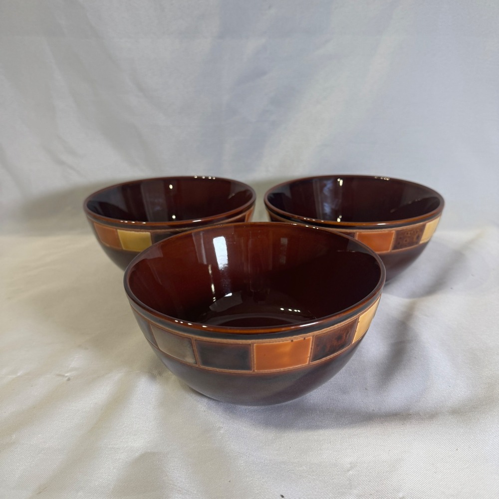 Gibson Elite Casa Estebana Brown Mosaic Tile Stoneware Cereal Bowls Set of 3 6"